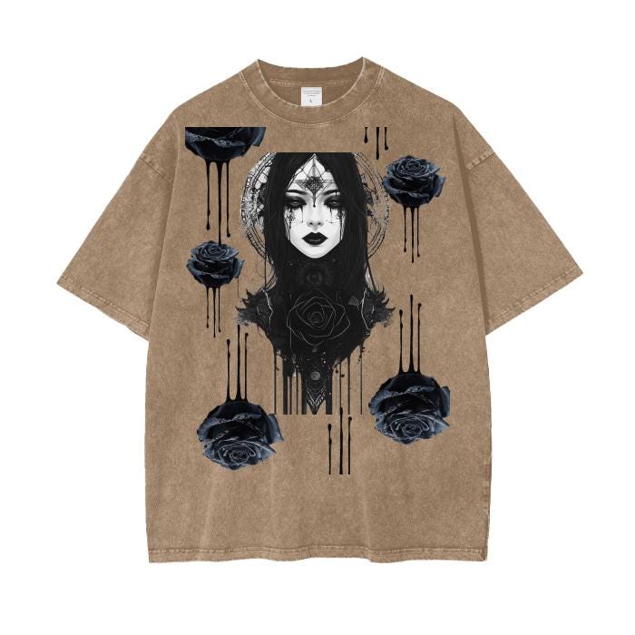 Black Rose Ink Drip Fractal Gothic Renassiance Anime Metal Lady Grunge Punk Boyfriend Fit Punk Acid Wash Oversize T-Shirt - 250 GSM