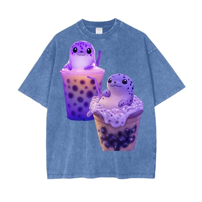 Pastel Boba Tea Latte Purple Pastel UV Spotted Taro Seal Streetwear Fit Acid Wash Oversize T-Shirt - 250 GSM