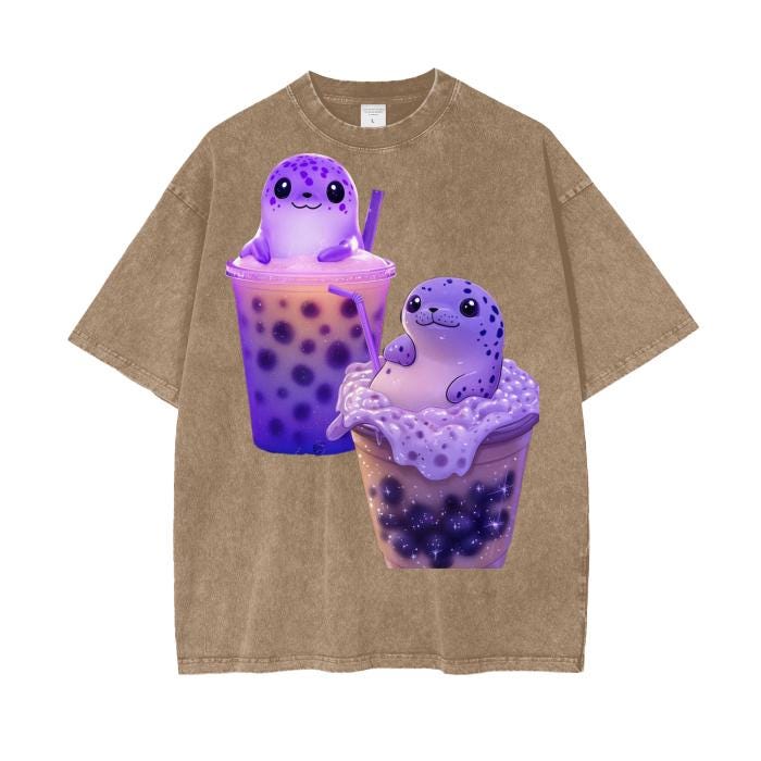 Pastel Boba Tea Latte Purple Pastel UV Spotted Taro Seal Streetwear Fit Acid Wash Oversize T-Shirt - 250 GSM