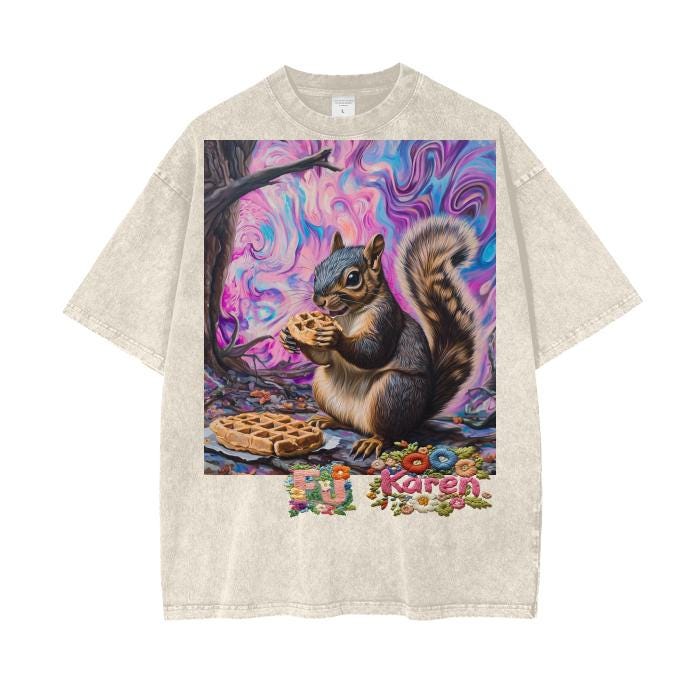 Purple Psychedelic Waffle Squirrel F Karen 4 Sean Psy Festival EDM Acid Wash Oversize T-Shirt - 250 GSM