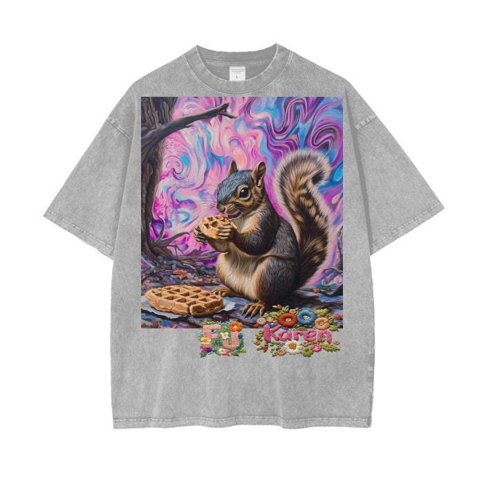 Purple Psychedelic Waffle Squirrel F Karen 4 Sean Psy Festival EDM Acid Wash Oversize T-Shirt - 250 GSM