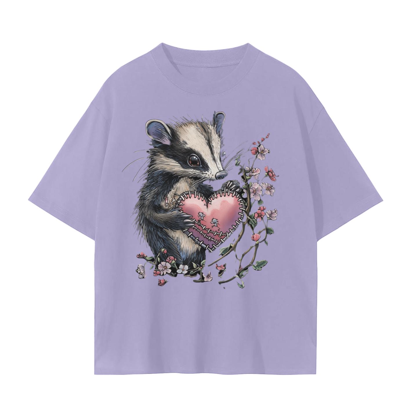 Opossum Stitched Grunge Heart with Cherry Blossoms V Day Unisex Seamless T-Shirt - 230 GSM