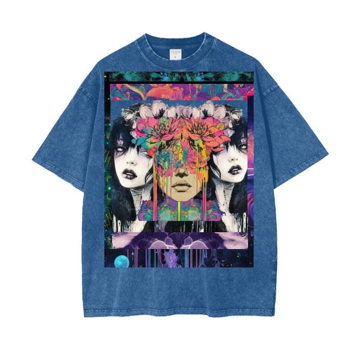 Galactic Lotus Blotter 3 Dimensional Festival Psychedelic Ink Drip Shamanink Bordered Acid Wash Oversize T-Shirt - 250 GSM