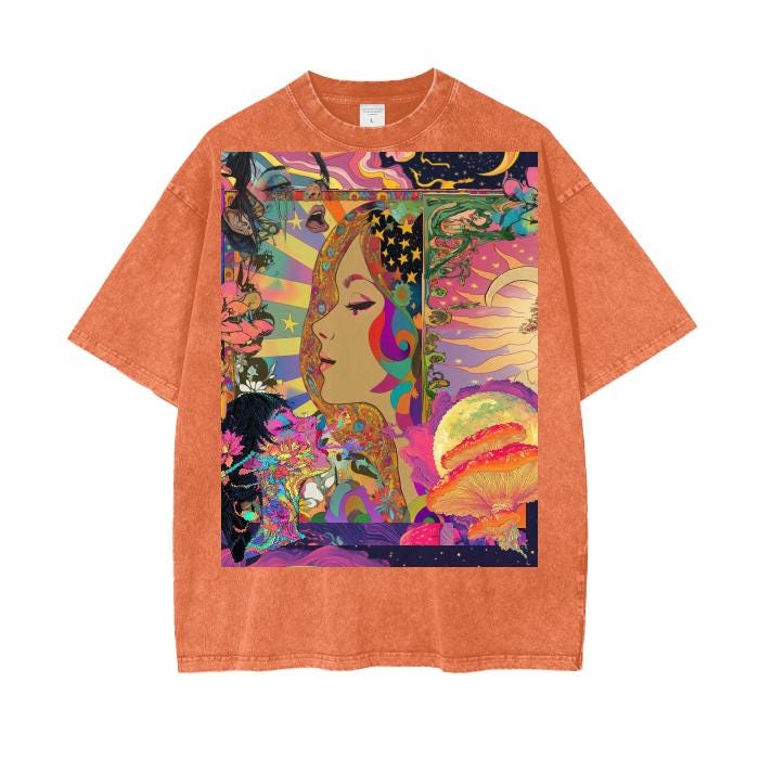 Art Nouveau Psychedelic Galactic Moon Burst Gaelic Summer Of Love Festival Acid Wash Oversize T-Shirt