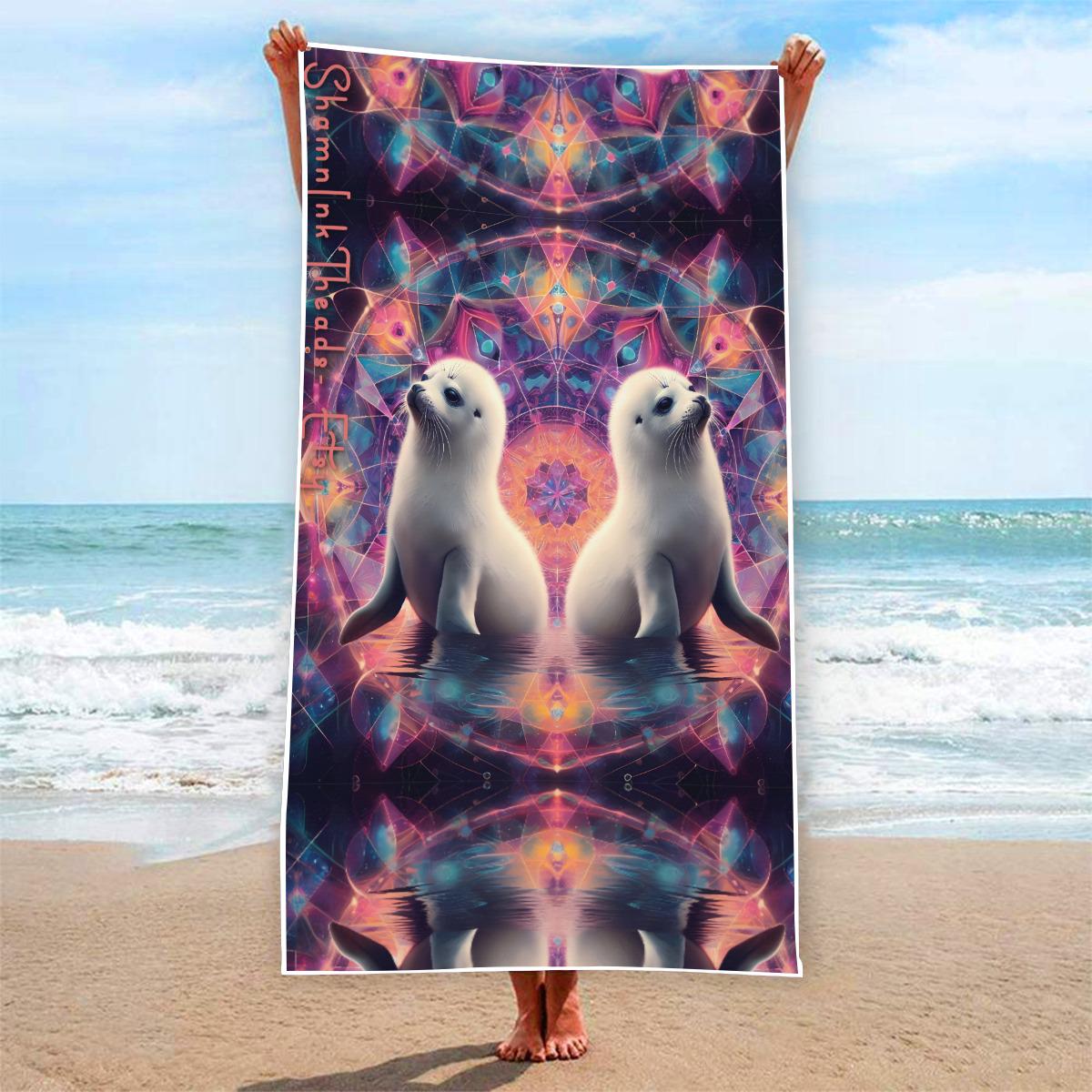 Dancing Harp Seals Fractal Purple Chakra Psy Geometry Burst Rave Festival Rectangular Beach Towel