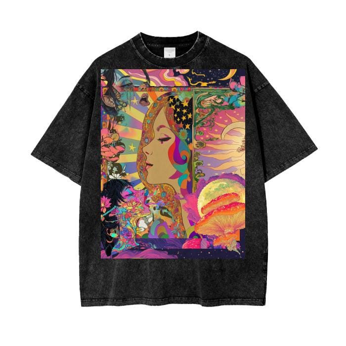 Art Nouveau Psychedelic Galactic Moon Burst Gaelic Summer Of Love Festival Acid Wash Oversize T-Shirt