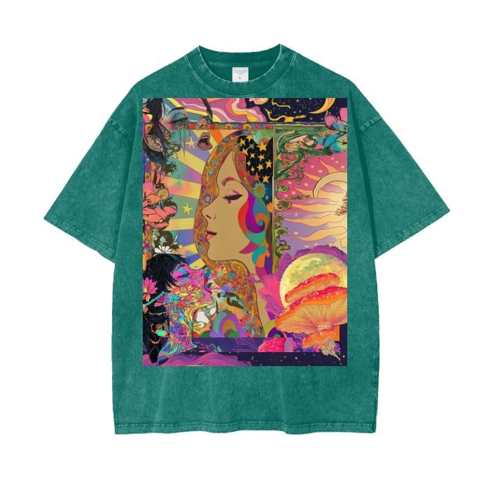 Art Nouveau Psychedelic Galactic Moon Burst Gaelic Summer Of Love Festival Acid Wash Oversize T-Shirt