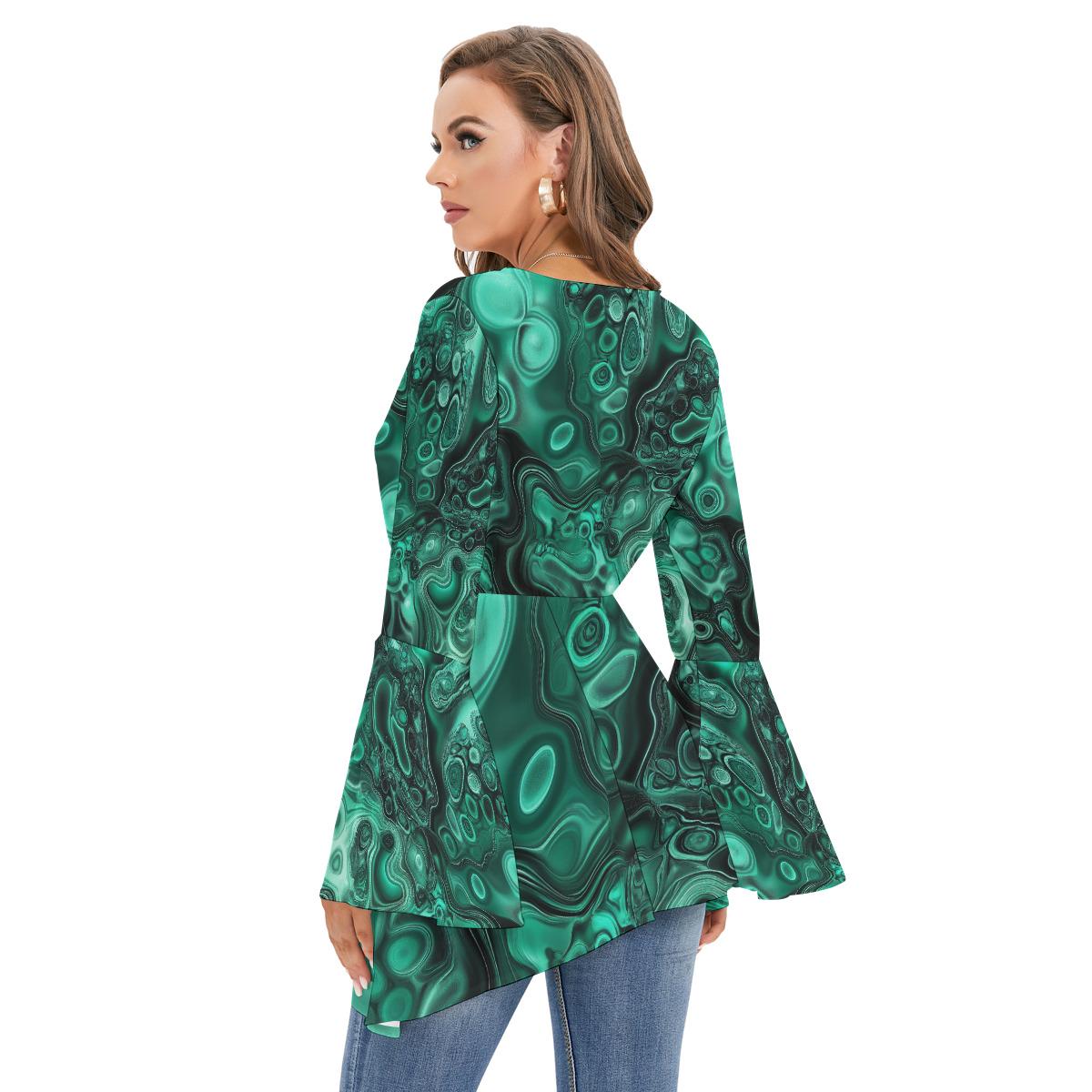 Emerald Green Malachite Geode Crystal V Neck Renassiance Bell Sleeve Boho Top