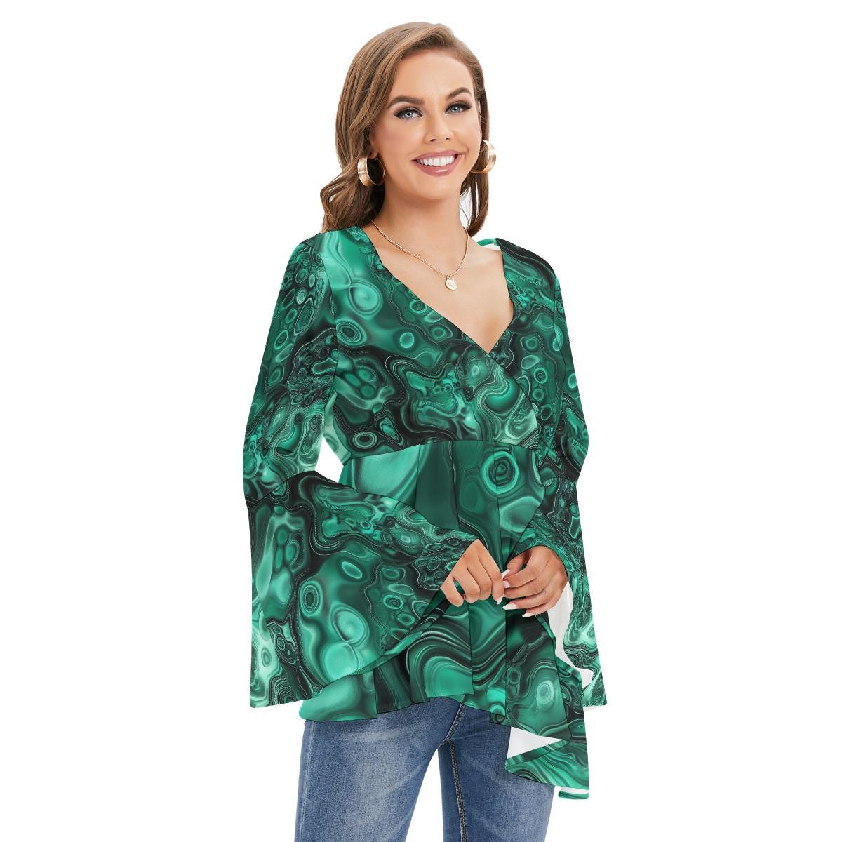 Emerald Green Malachite Geode Crystal V Neck Renassiance Bell Sleeve Boho Top