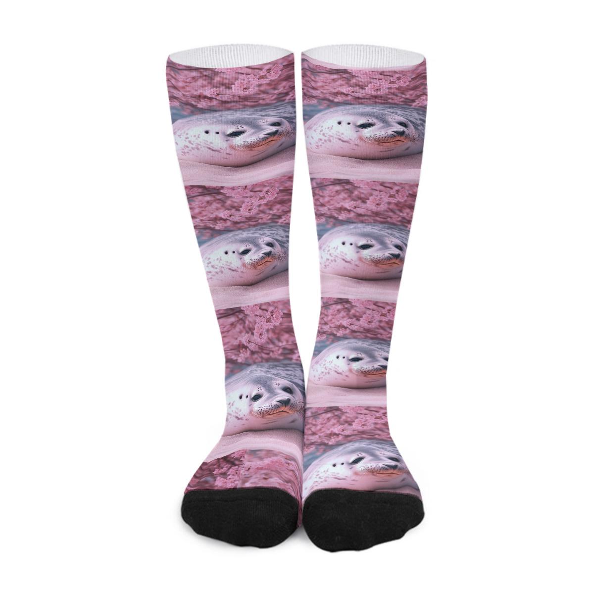 Cherry Blossom Beach Spotted Seal Socks all over print
