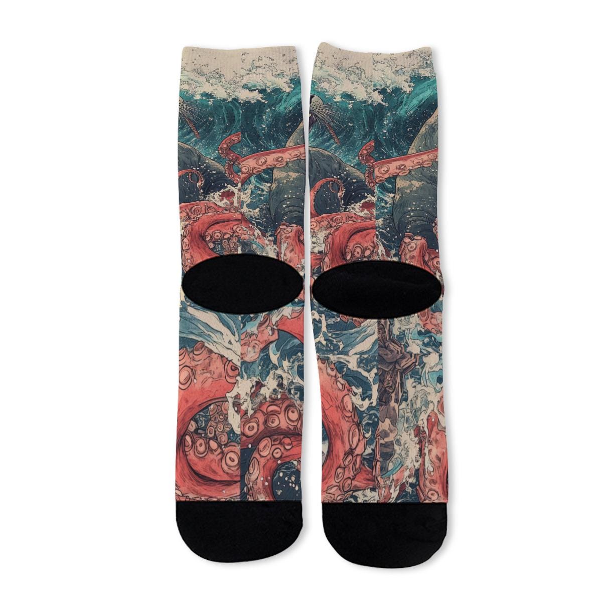 Sea Lion Kraken Japan Edo Octopus Battle Waves All-Over Print Color Matching Crew Socks