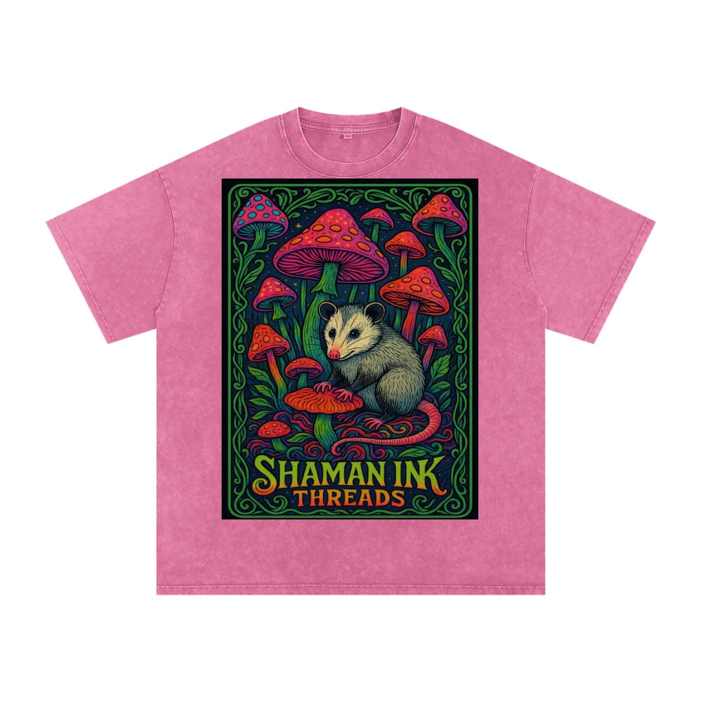 Dark Opossum Night Mushroom Field Vine Border Psychedelic Shaman Ink Poster Acid Wash Oversize T-Shirt