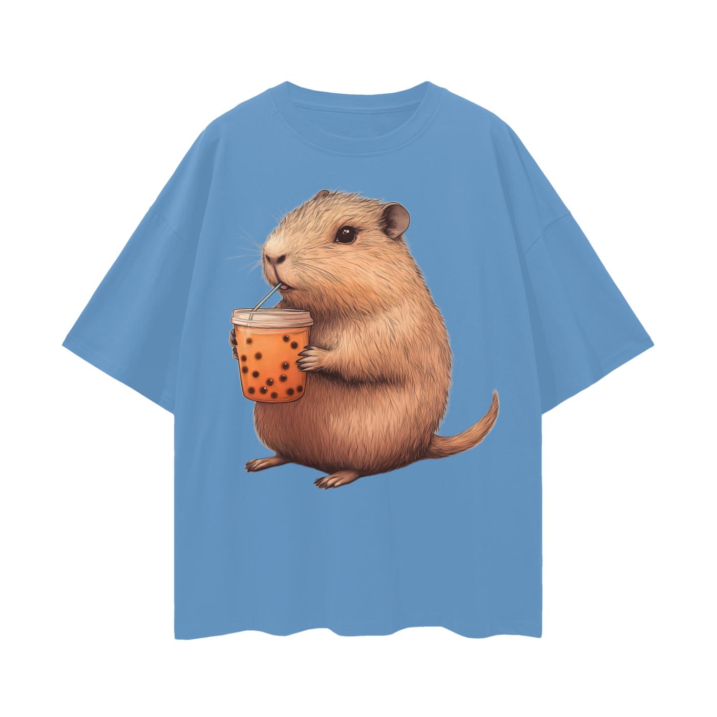 Capybara Thai Boba Tea Pastel core Kawaii Oversize Deep Drop Shoulder Tee