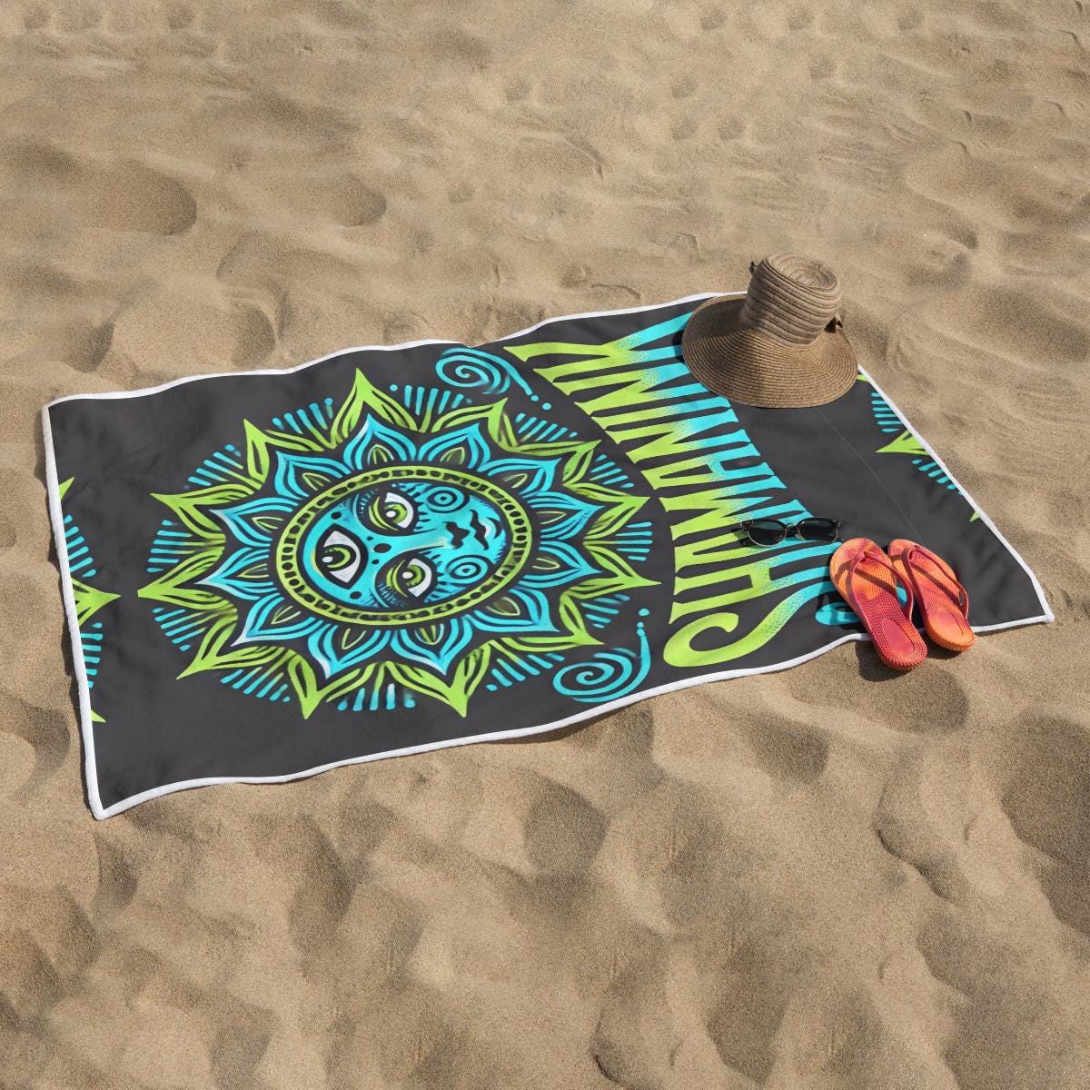 ShamanInk Threads Sun Green Blue Logo Rectangular Beach Towel