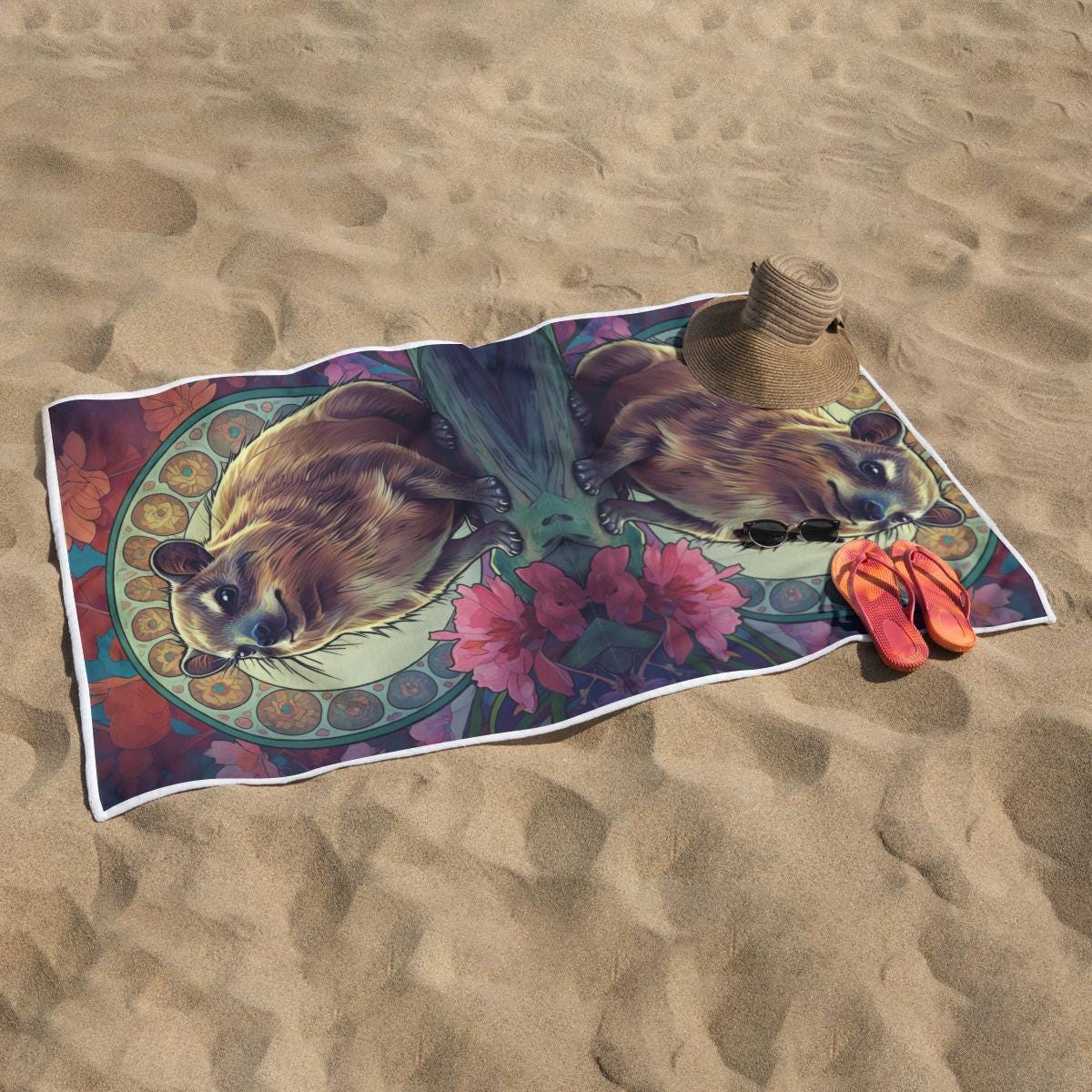 Hyrax Awawa Floral Art Nouveau Hibiscus Colorful Reflective Festival Rave Rectangular Beach Towel