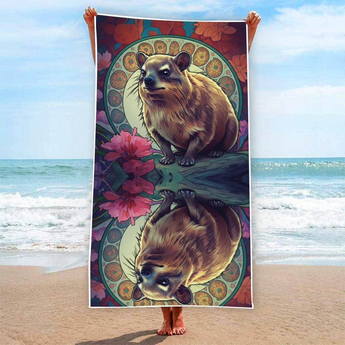 Hyrax Awawa Floral Art Nouveau Hibiscus Colorful Reflective Festival Rave Rectangular Beach Towel