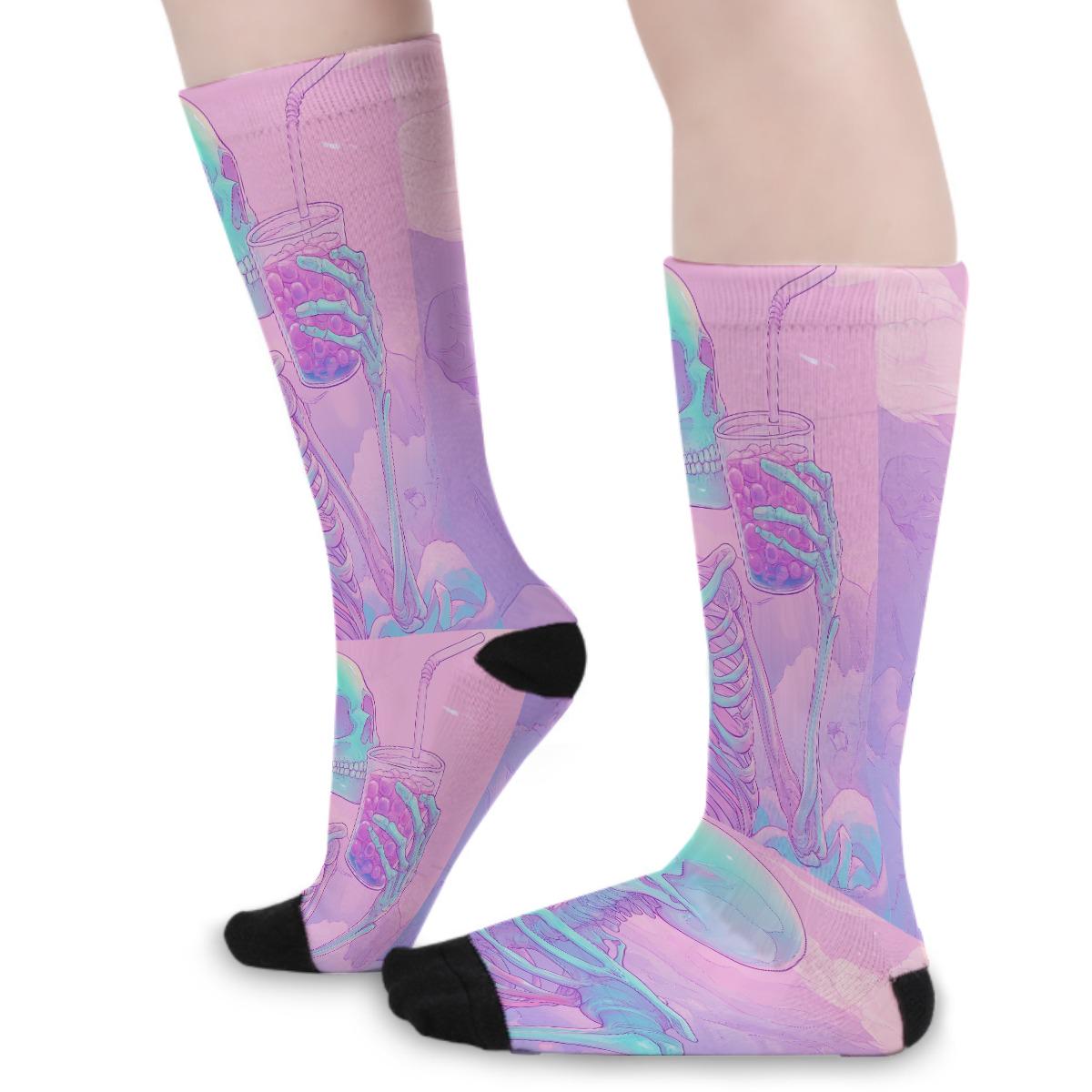 Skeleton Pink Lilac Lavender Pastel Boba Tea All-Over Print Color Matching Crew Socks