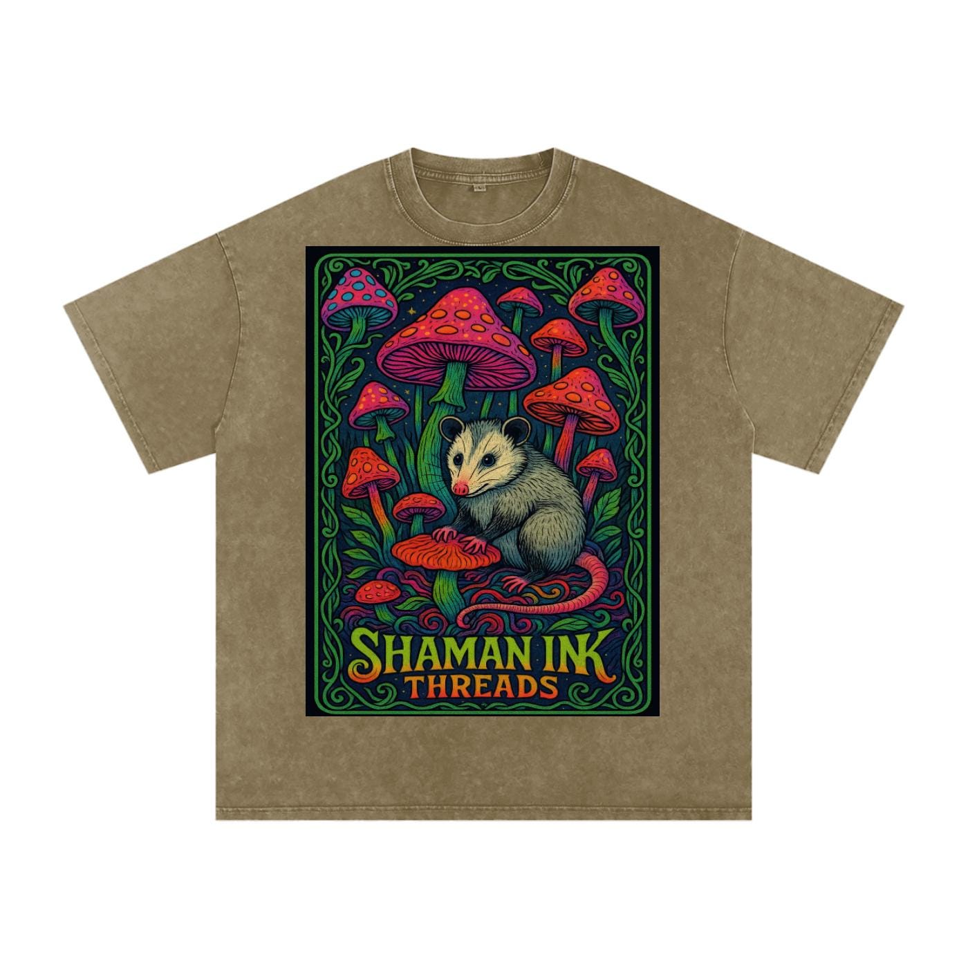 Dark Opossum Night Mushroom Field Vine Border Psychedelic Shaman Ink Poster Acid Wash Oversize T-Shirt