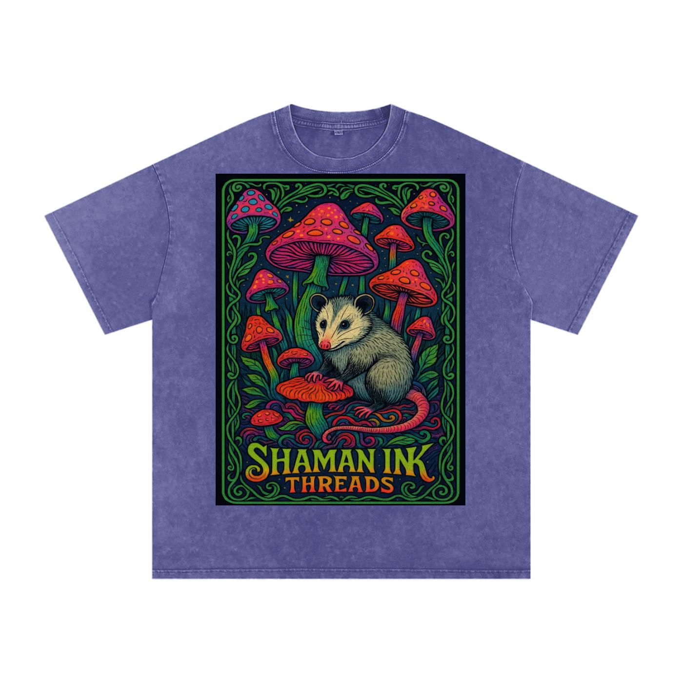 Dark Opossum Night Mushroom Field Vine Border Psychedelic Shaman Ink Poster Acid Wash Oversize T-Shirt