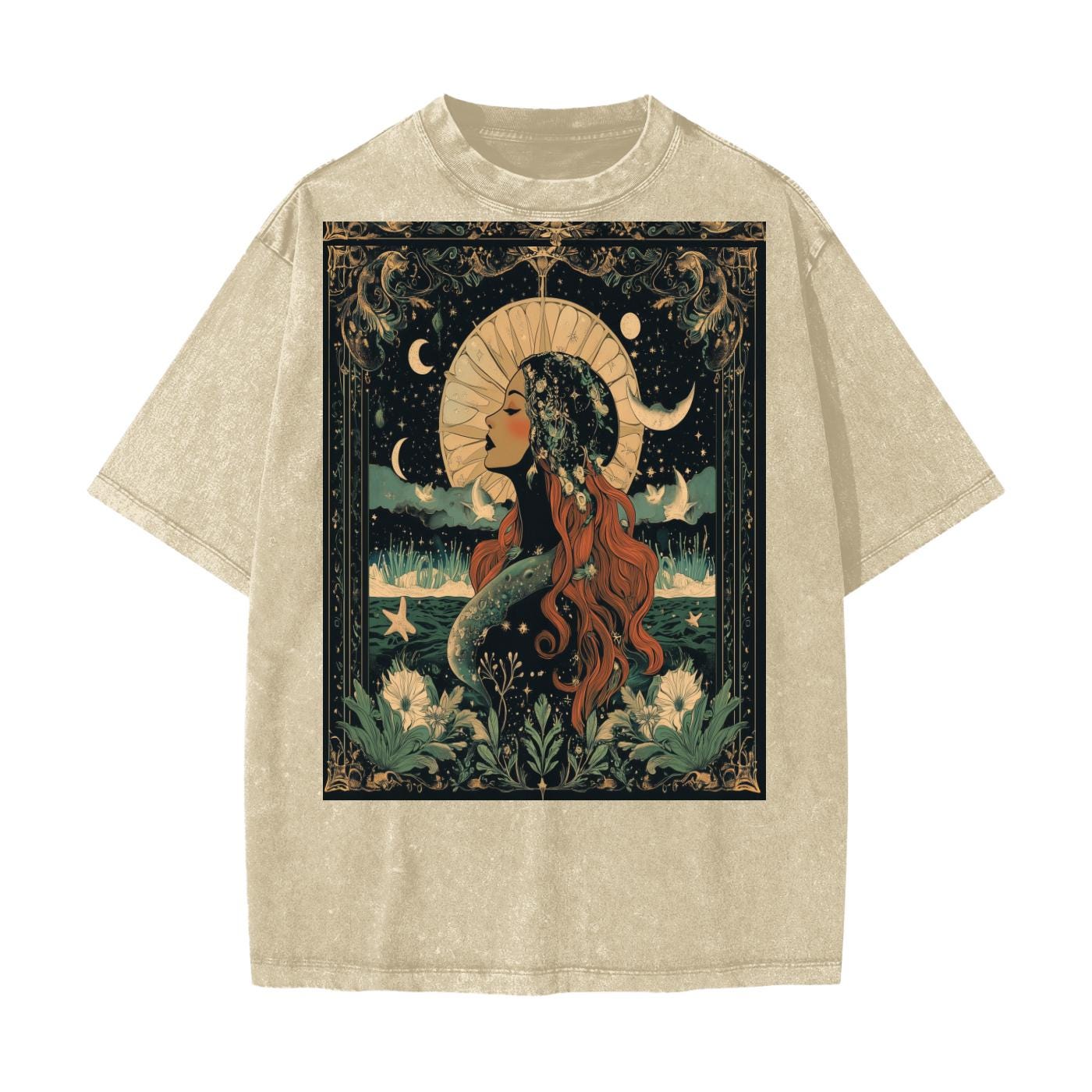 Moonlight Art Nouveau Tee – Green Acid Wash Rave Top