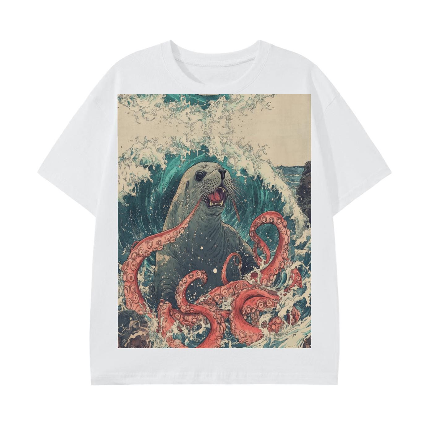 Seal Kraken Edo Japan Ocean waves Kaiju Battle Graphic Beach Unisex Classic T-Shirt -Cotton Graphic Tee Shirt