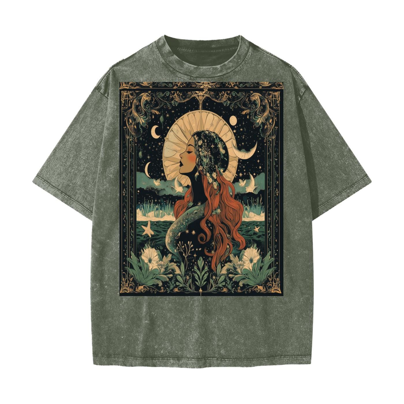 Moonlight Art Nouveau Tee – Green Acid Wash Rave Top