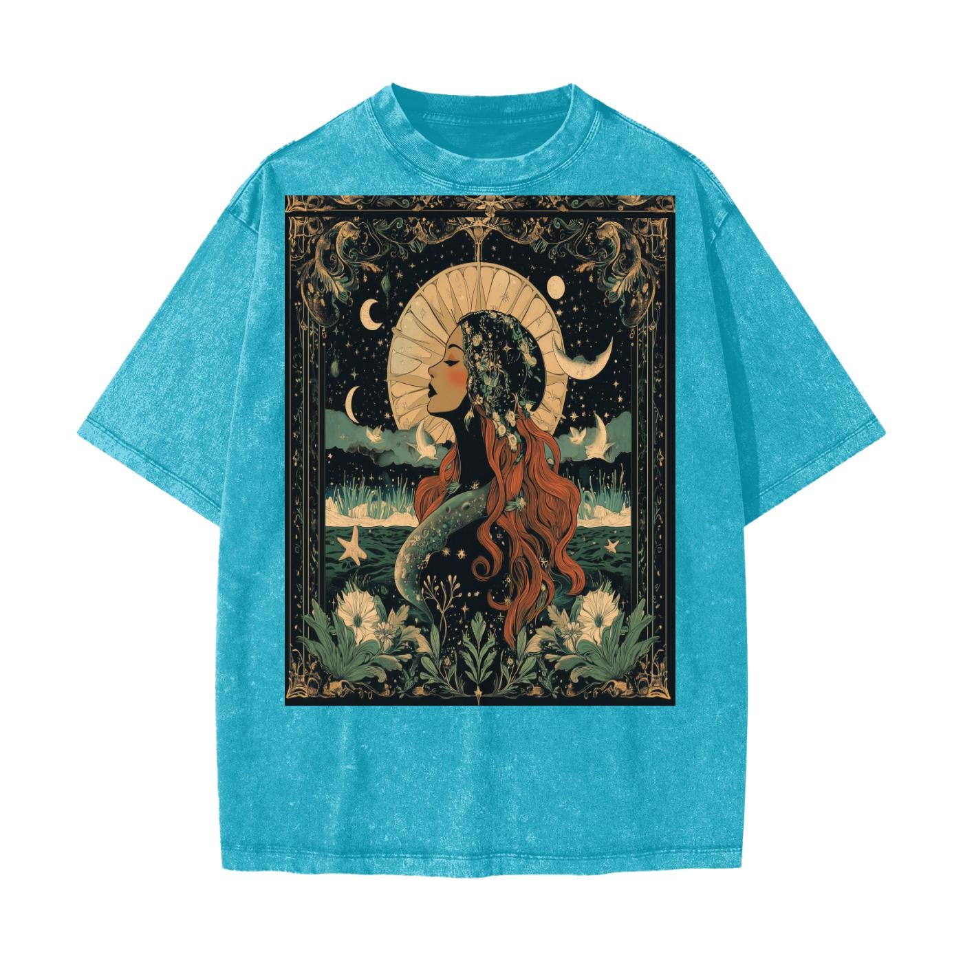 Moonlight Art Nouveau Tee – Green Acid Wash Rave Top
