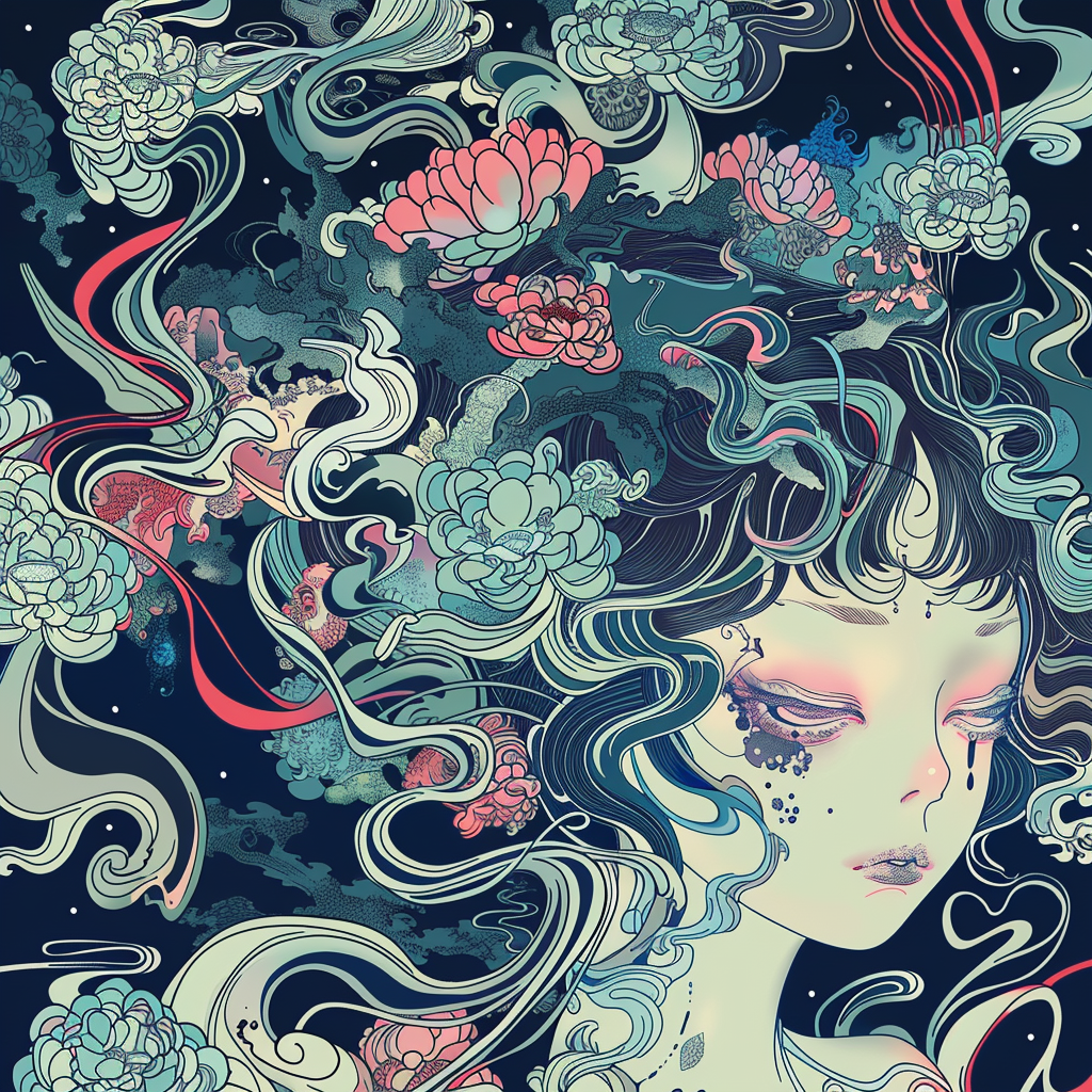 Blue anime girl goddess Japan Floral Unisex Tee