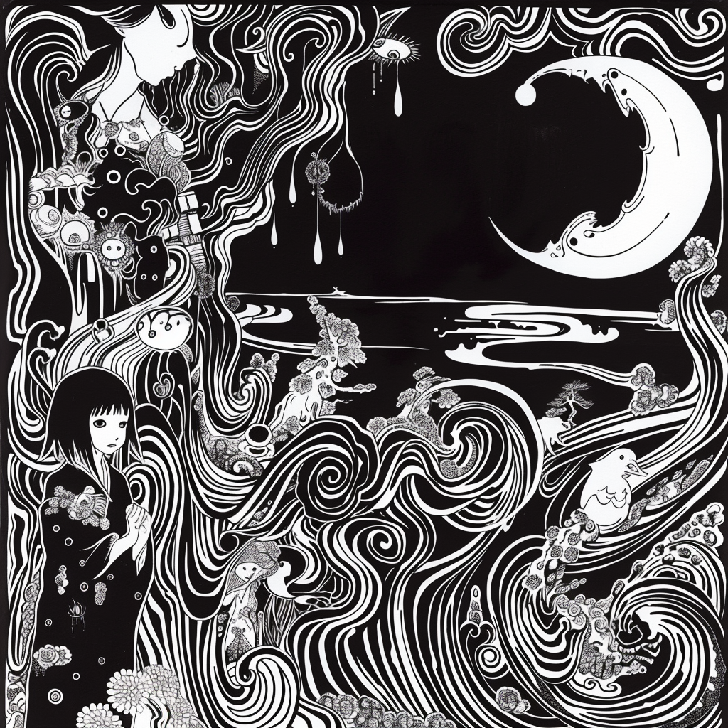 Black White Horror Crescent Moon Swirl Storybook Anime Scene Unisex Tee