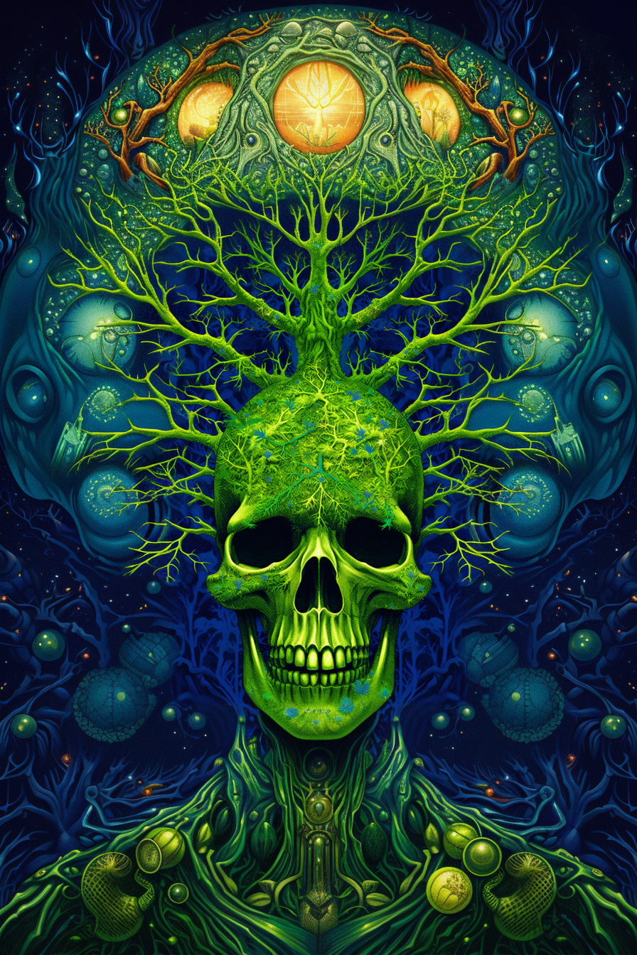 Green Alien SkelaTree Skull Fractal Unisex Tee