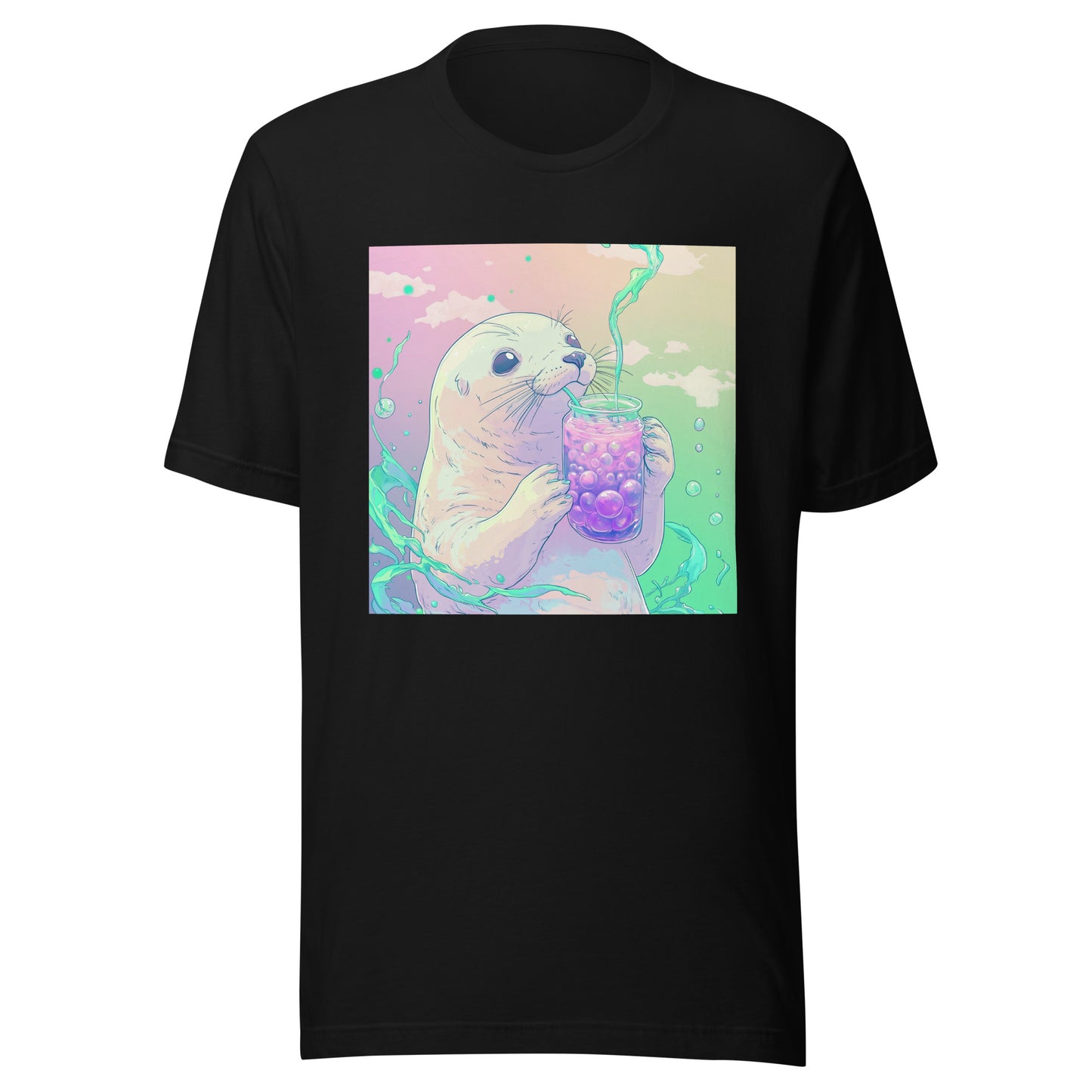 Pastel Mint Pink Baby Haarp Seal Boba Tea Unisex Tee Shirt