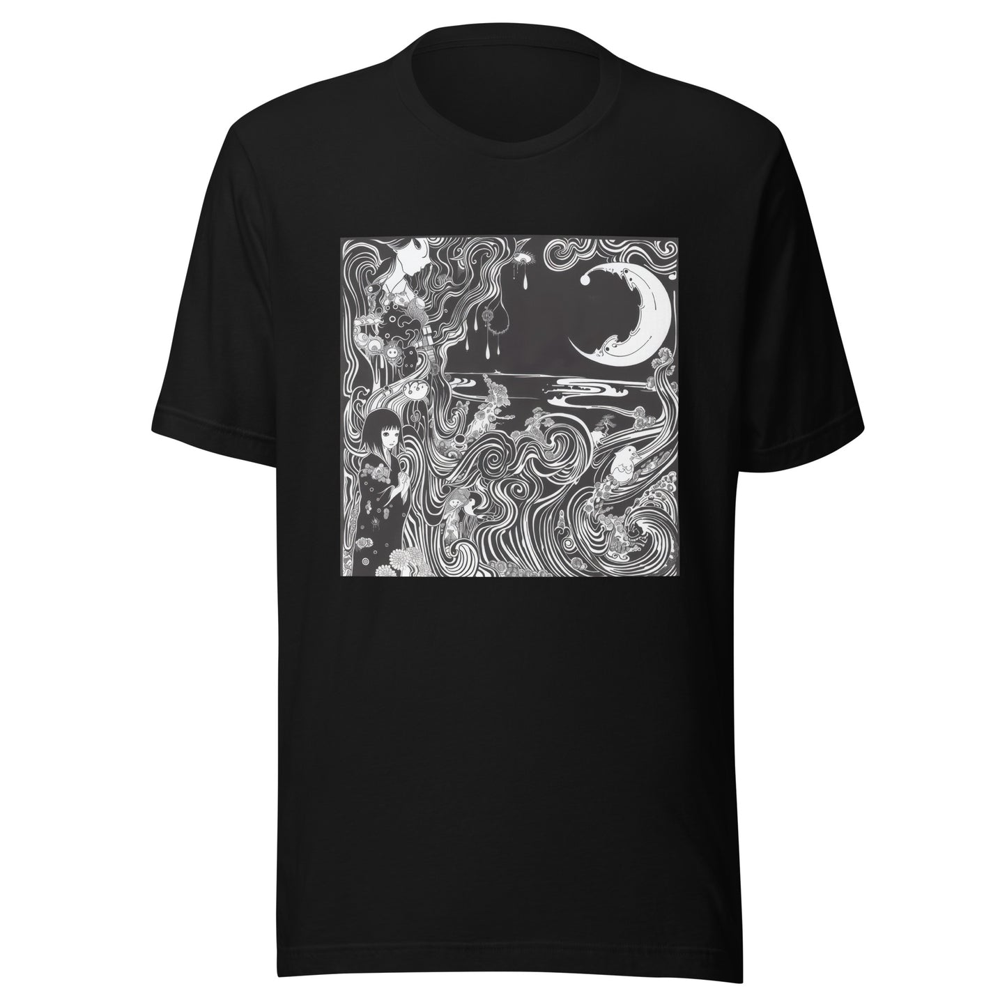 Black White Horror Crescent Moon Swirl Storybook Anime Scene Unisex Tee