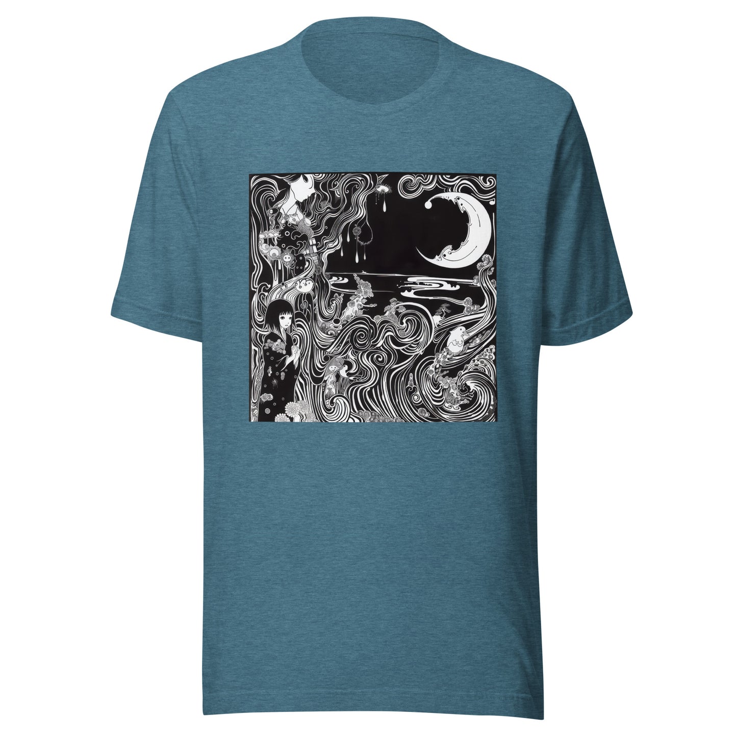 Black White Horror Crescent Moon Swirl Storybook Anime Scene Unisex Tee