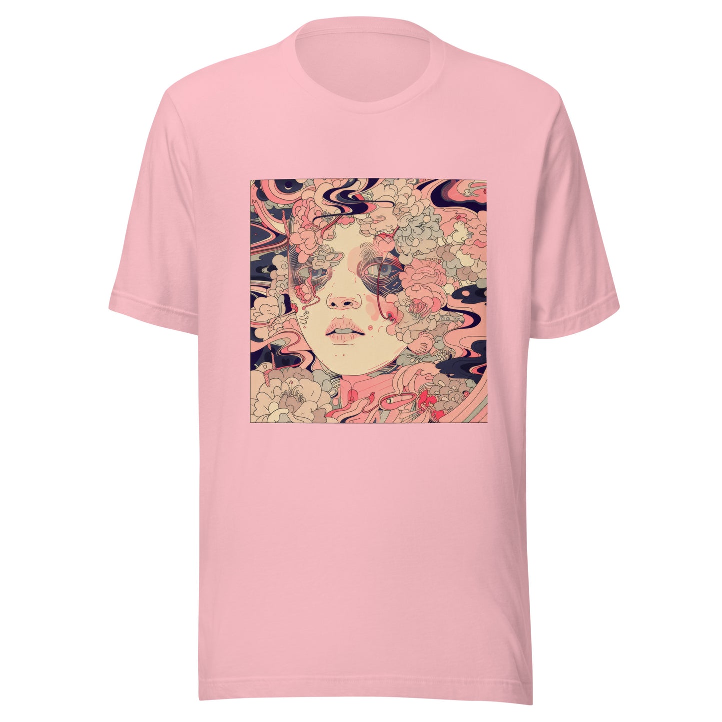 Pink Floral Swirl Face Boho Avant Anime Unisex Tee