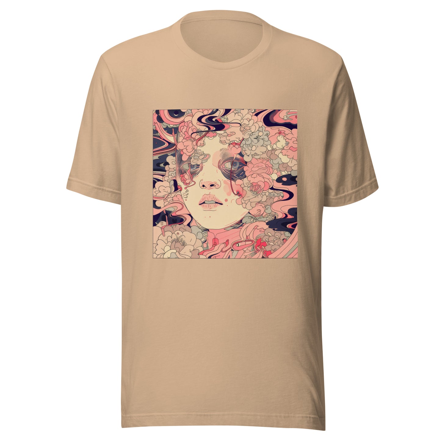 Pink Floral Swirl Face Boho Avant Anime Unisex Tee