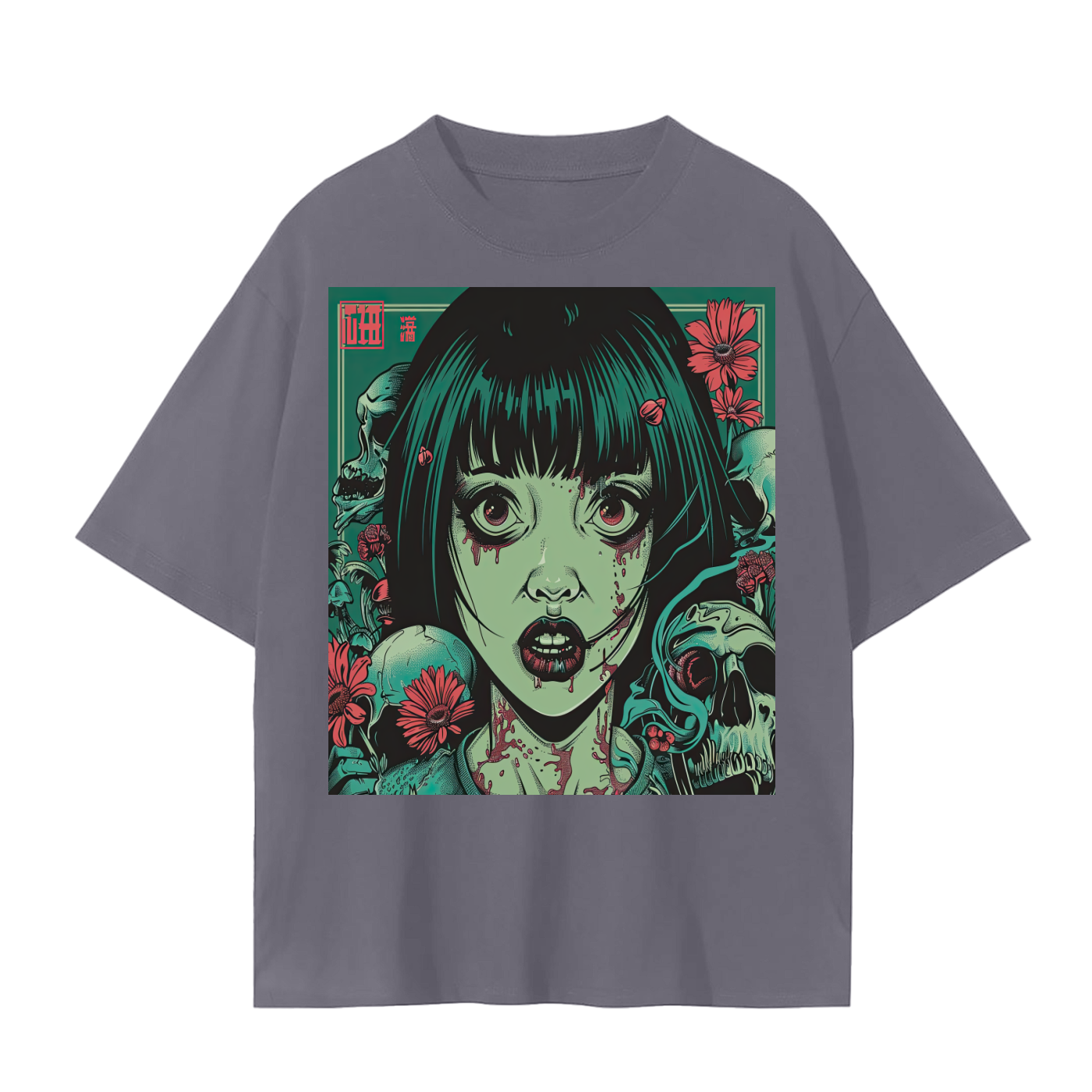 Brutalism Green Face Anime Skull Girl Tattoo Red Floral Unisex Tee Unisex Seamless T-Shirt