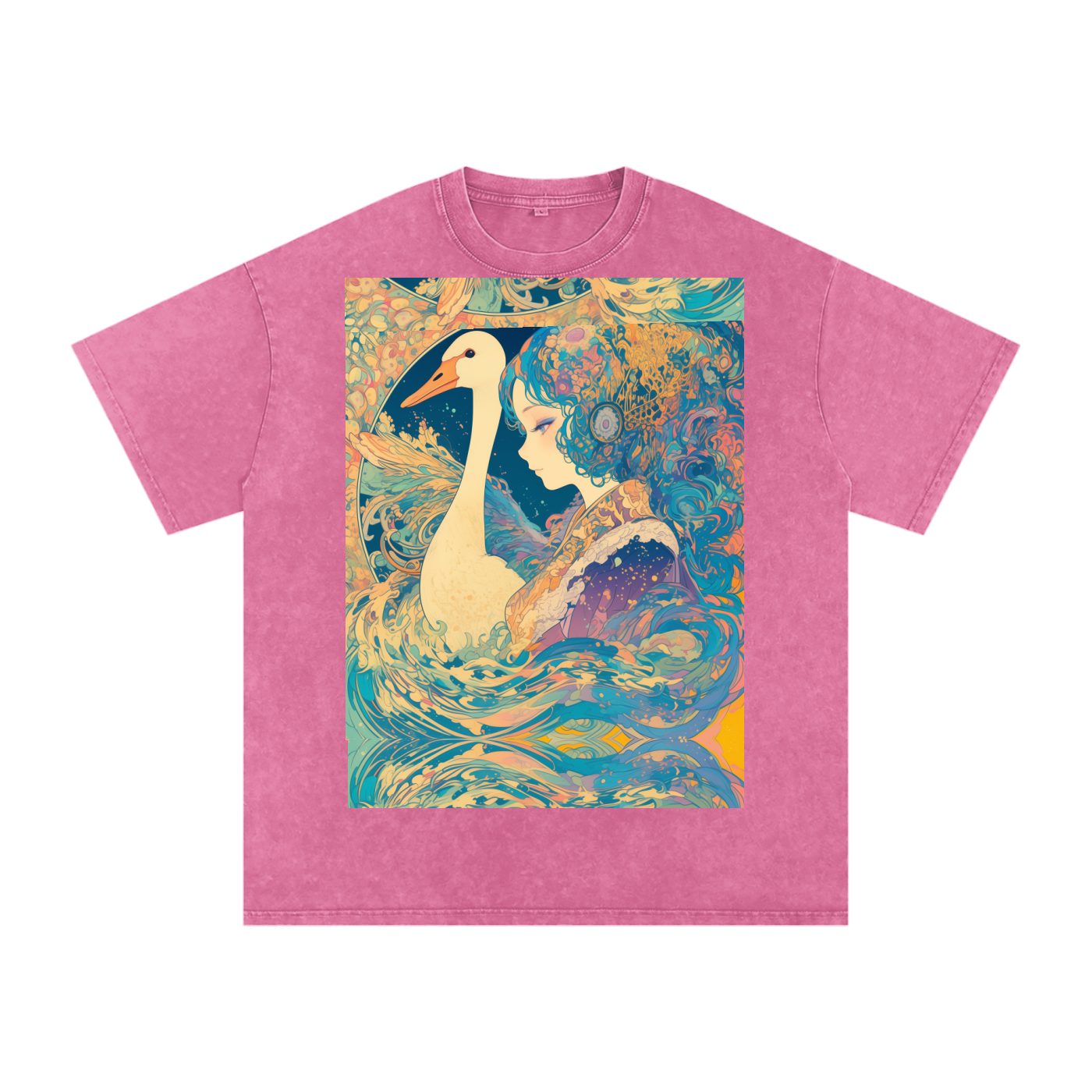 Goose Psychedelic Art Nouveau Moon Beach Wave Bordered Silhouette Anime Pagan Water Goddess Unisex T-Shirt--Snow Washed Oversized Cotton T-Shirt