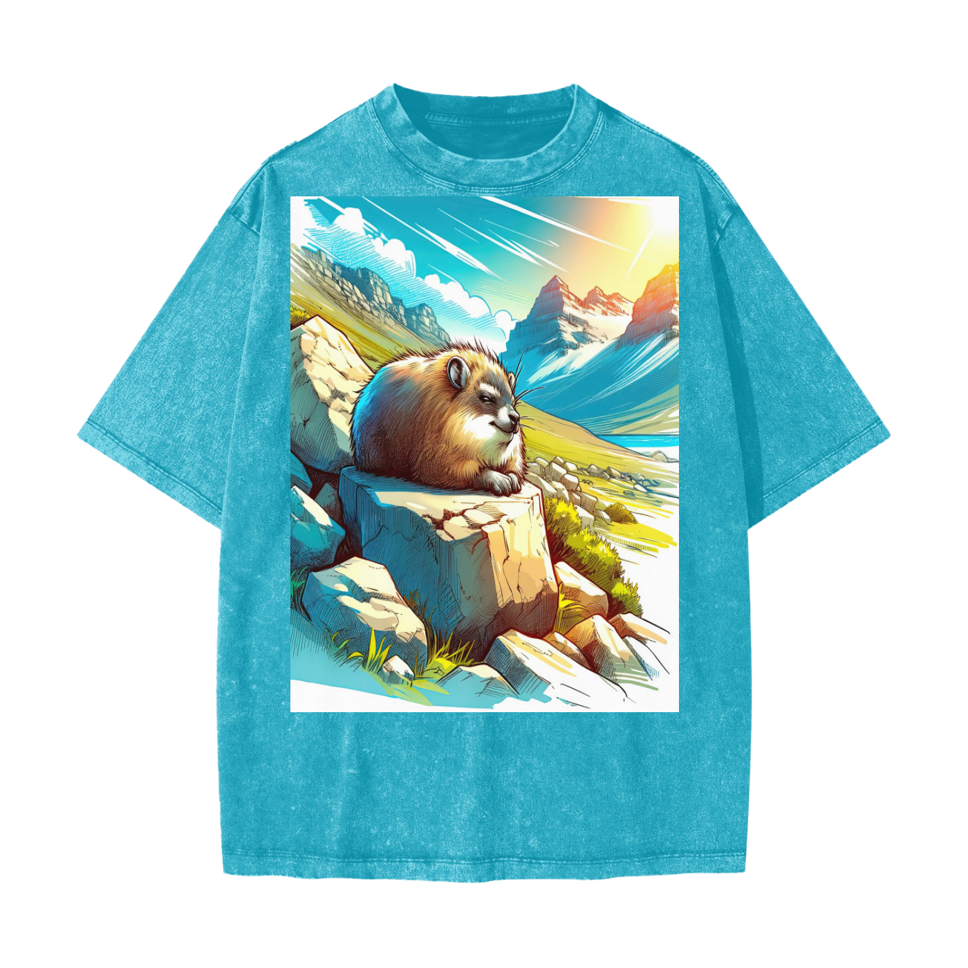 Anime Hyrax Blue skies basking on Rocks in field Festival Rave Unisex T-Shirt Heavyweight Snow Washed T-Shirt