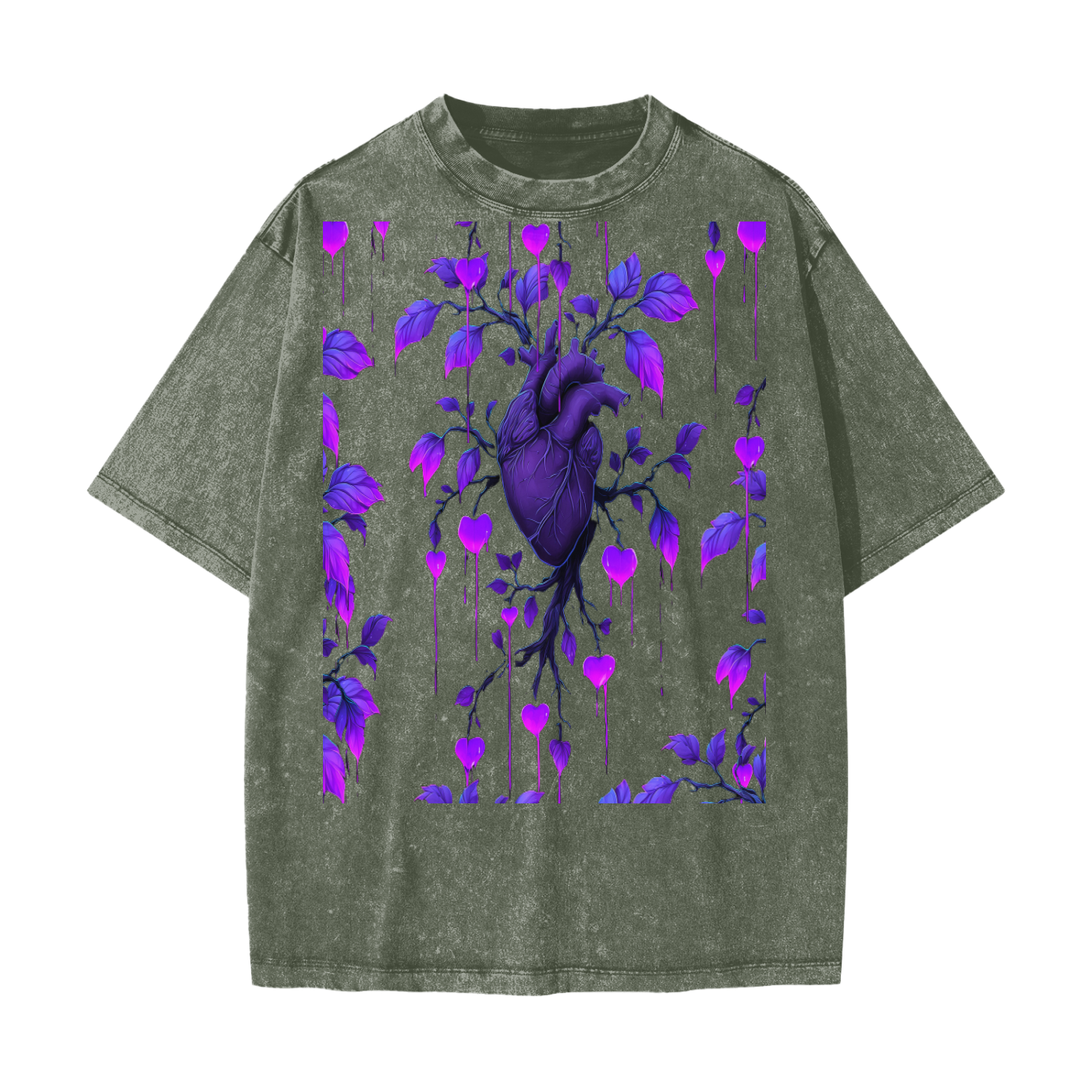 Neon Purple Heart Vine Goth Rave Festival Grunge Floral Snow Washed T-Shirt