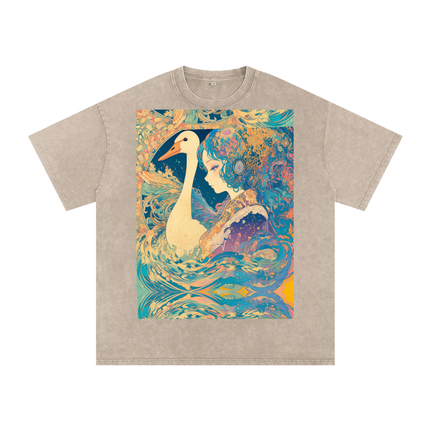 Goose Psychedelic Art Nouveau Moon Beach Wave Bordered Silhouette Anime Pagan Water Goddess Unisex T-Shirt--Snow Washed Oversized Cotton T-Shirt
