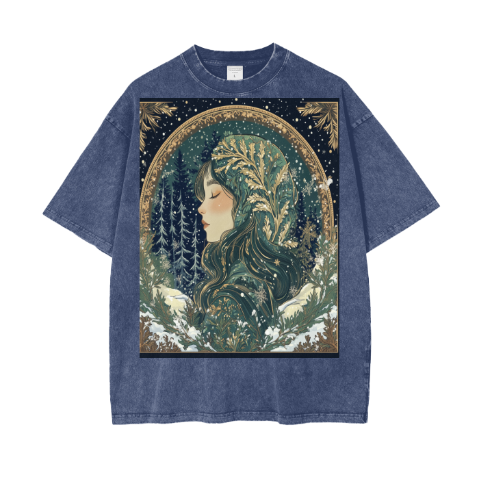 Gold Green Rustic Anime Silhoutte Border Snow Fairy Lady of the Woods Streetwear Acid Wash Oversize T-Shirt - 250 GSM