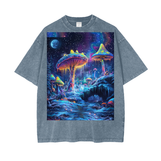 Psychedelic Winter Moonlight Muscaria Ice Space Galaxies Festival Psy Acid Wash Oversize T-Shirt - 250 GSM
