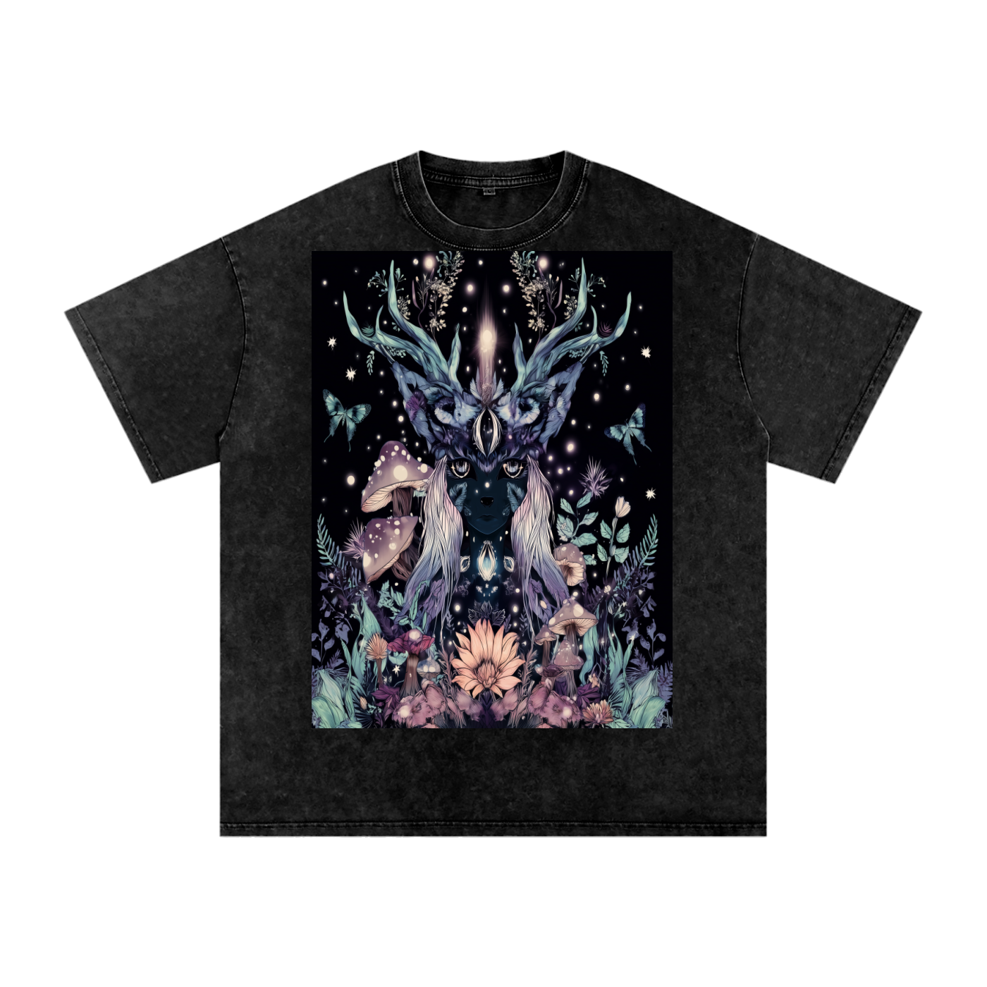 Winter Solstice Dark Mushroom Night Fawn Dark Fairy  Festival Snow Washed Oversized Cotton T-Shirt