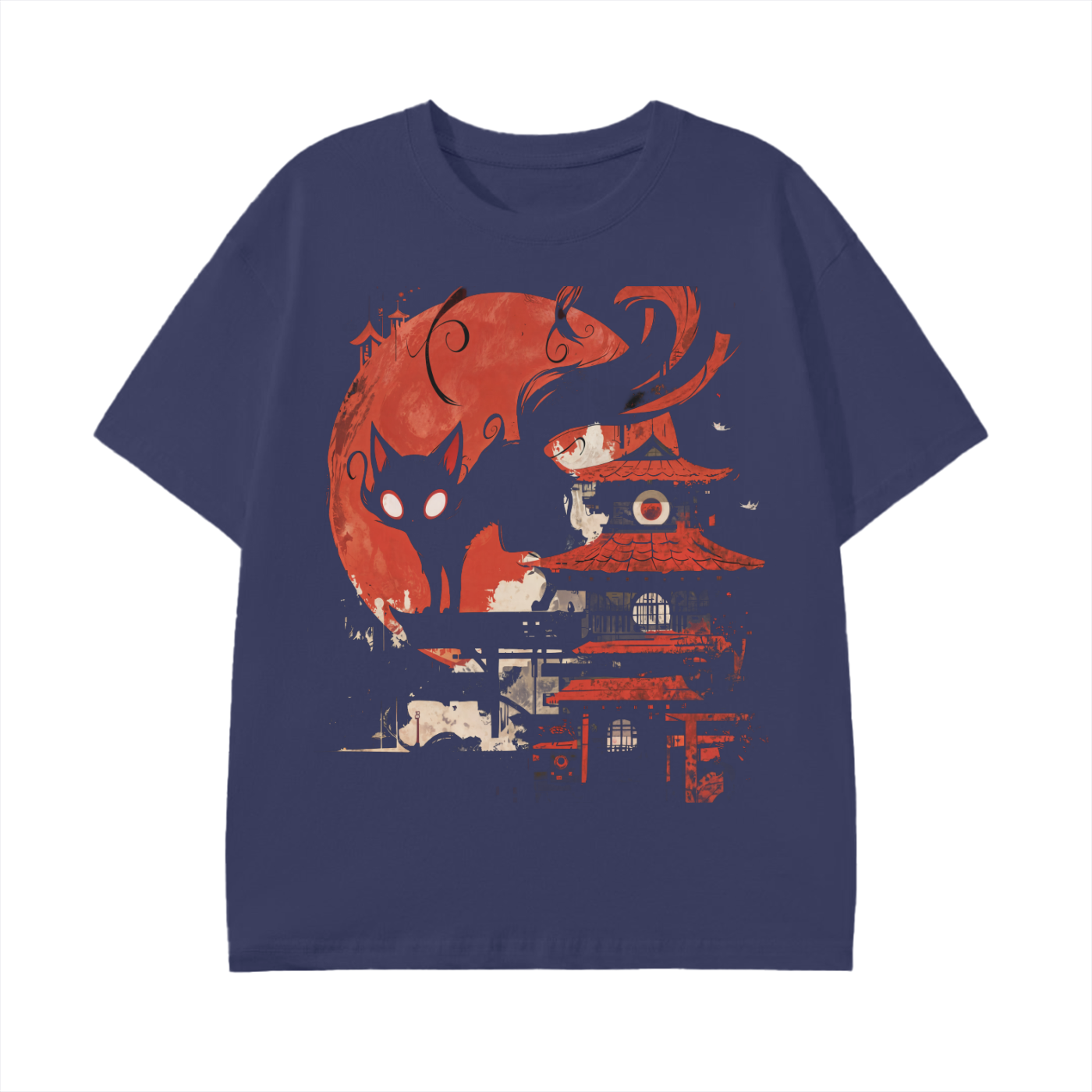 Shadow Cat Blood Moon Japan Anime Edo Shinto Yokai Shrine Washout Graphic Unisex Classic T-Shirt