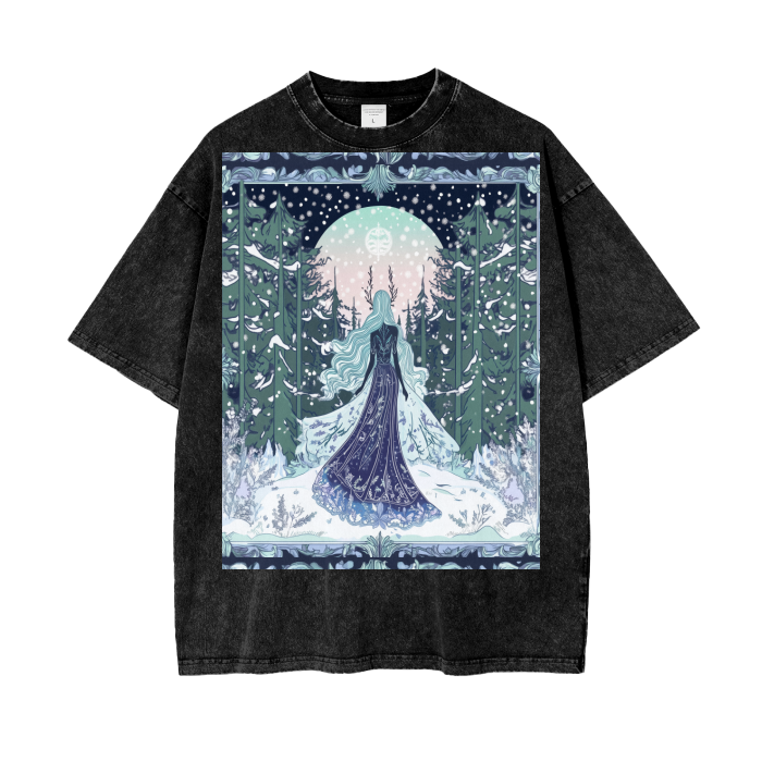 Winter Goddess Maiden Enters Full Moon Woodland Tree Sky Border Acid Wash Oversize T-Shirt - 250 GSM