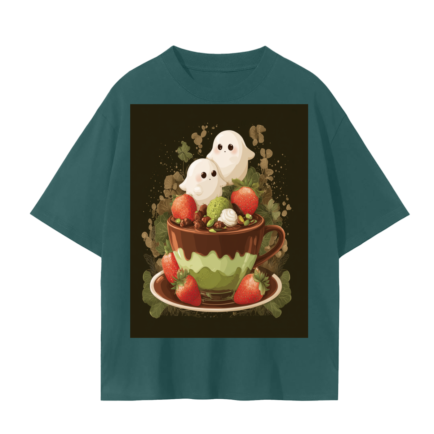 Anime Dubai Chocolate PIstachio Strawberry Cup of Chibi Ghost Kawaii Desert Latte Unisex Seamless T-Shirt