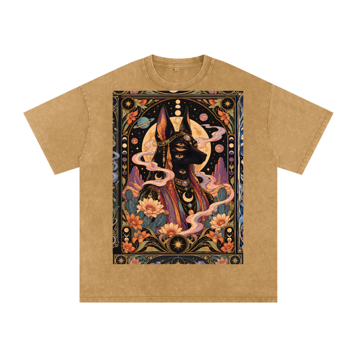 Anubis Egyptian Lotus Moon Tarot Grunge Psy Festival Snow Washed Oversized Cotton T-Shirt Tee
