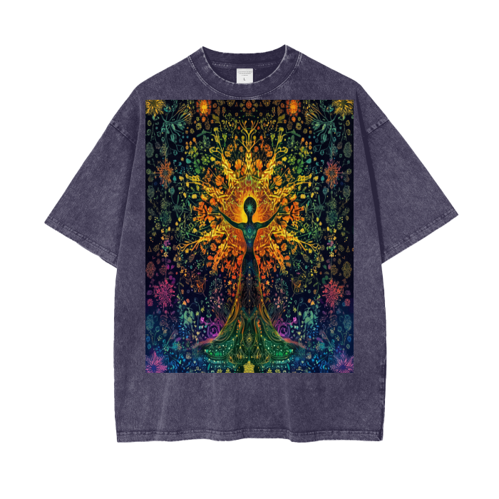 Pagan Goddess of Solar Woodland Harvest Winter Snowflake Psychedelic color burst Festival Psy streetwear Acid Wash Oversize T-Shirt - 250 GSM