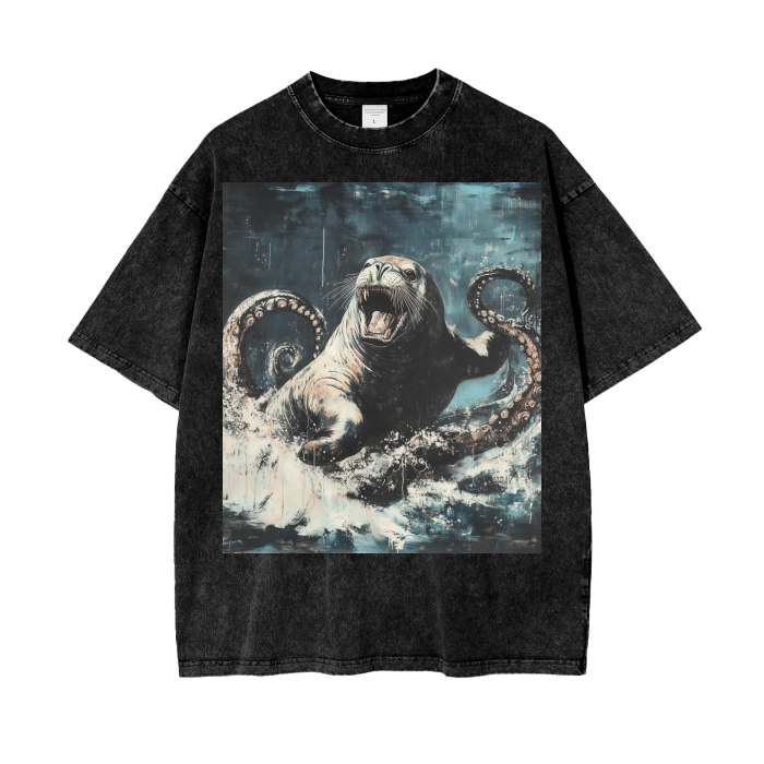 Rustic Kraken Vs Sea Lion Ocean Waves Acid Wash Oversize T-Shirt - 250 GSM