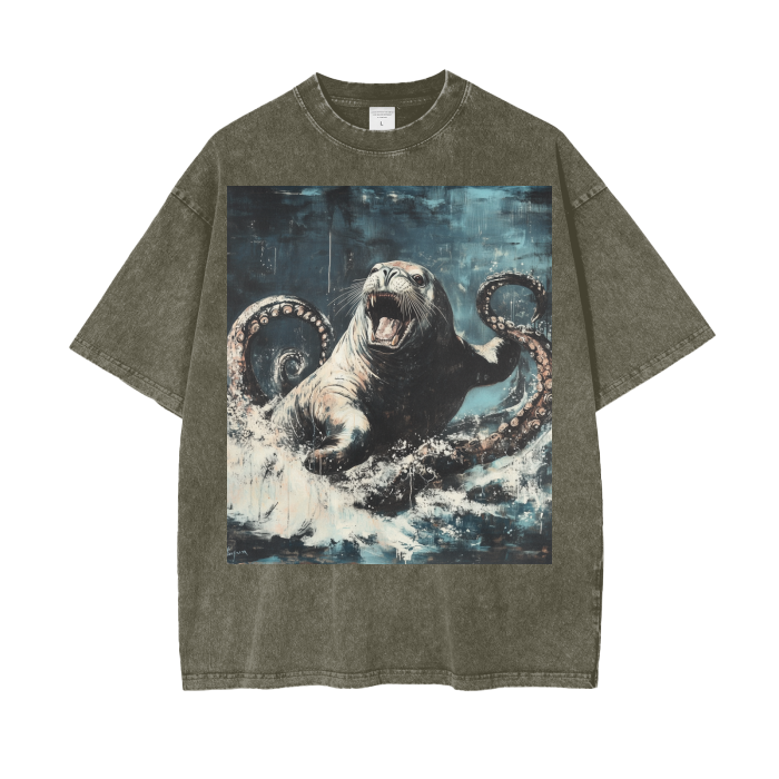 Rustic Kraken Vs Sea Lion Ocean Waves Acid Wash Oversize T-Shirt - 250 GSM